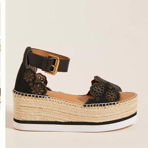 See by Chloe Platform Espadrille Sandals - Black Embroidered - Size 8